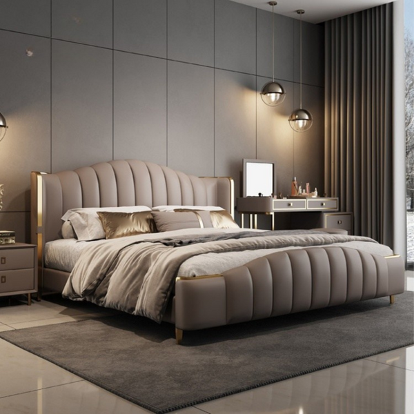 Elegance Modern Luxury Bed Frame with Gold Accents & Upholstered Design