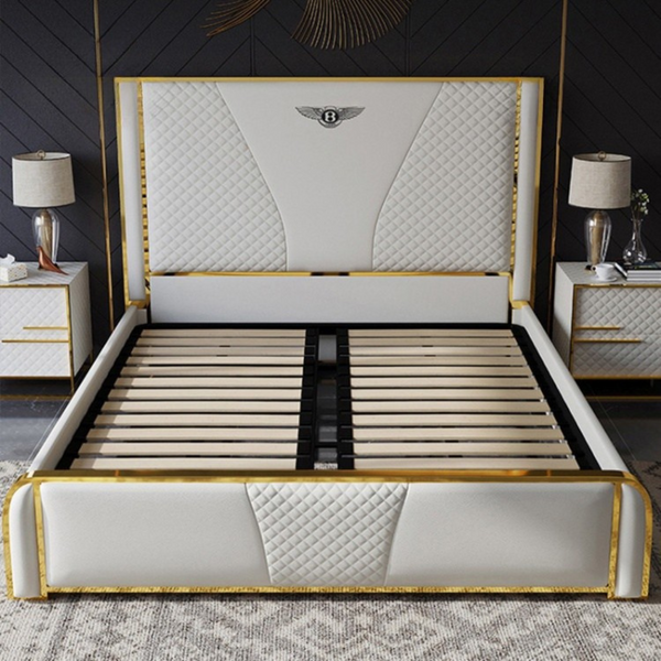 Luxe Horizon Bed – Modern Gold-Accented Quilted Bed Frame