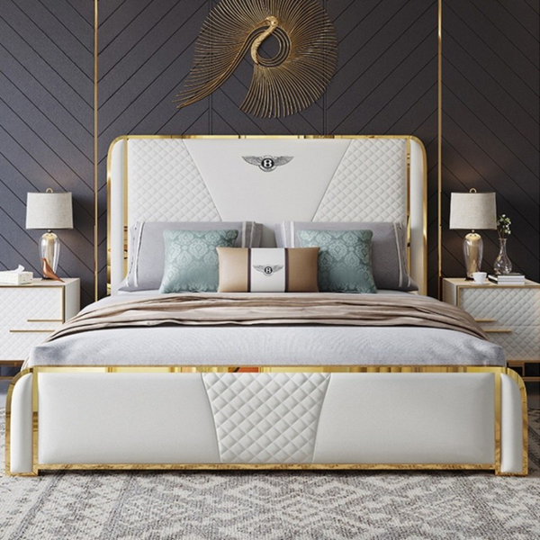 Luxe Horizon Bed – Modern Gold-Accented Quilted Bed Frame