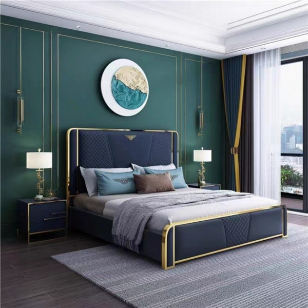 Luxe Horizon Bed – Modern Gold-Accented Quilted Bed Frame