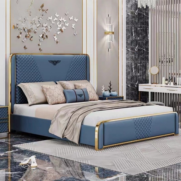 Luxe Horizon Bed – Modern Gold-Accented Quilted Bed Frame