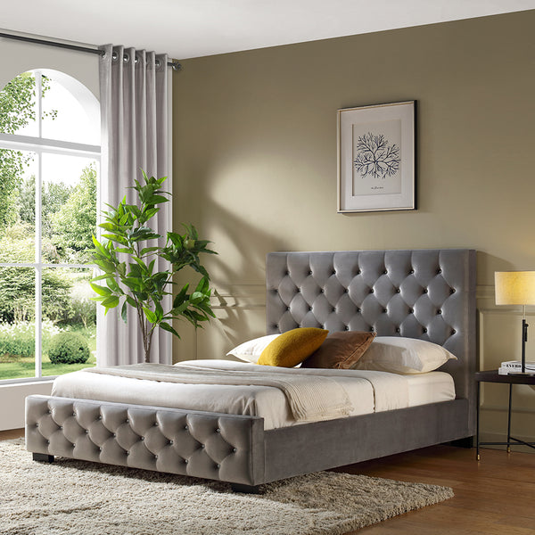 Dallas Velvet Bed With Tufted Diamond Grey
