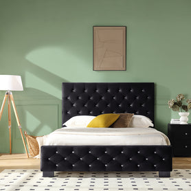 Dallas Velvet Bed With Tufted Diamond Black