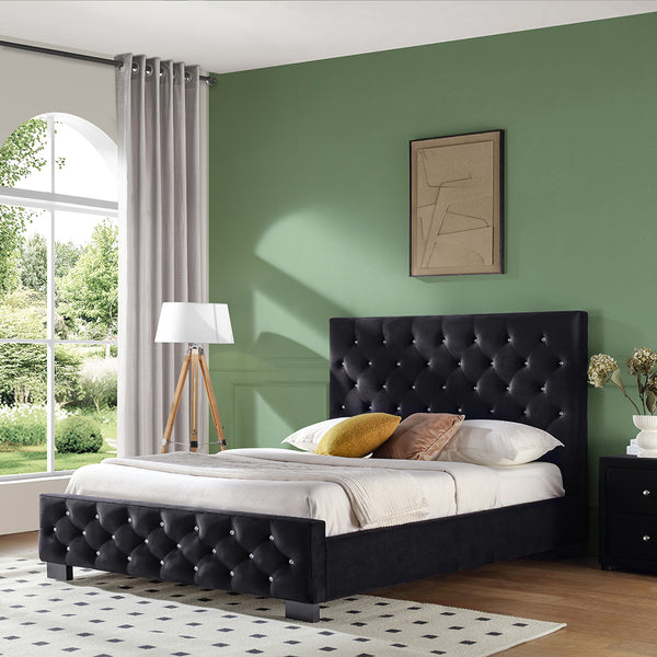 Dallas Velvet Bed With Tufted Diamond Black