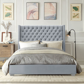Winton Tufted Upholstered Wing Grey Gas lift Velvet Bed