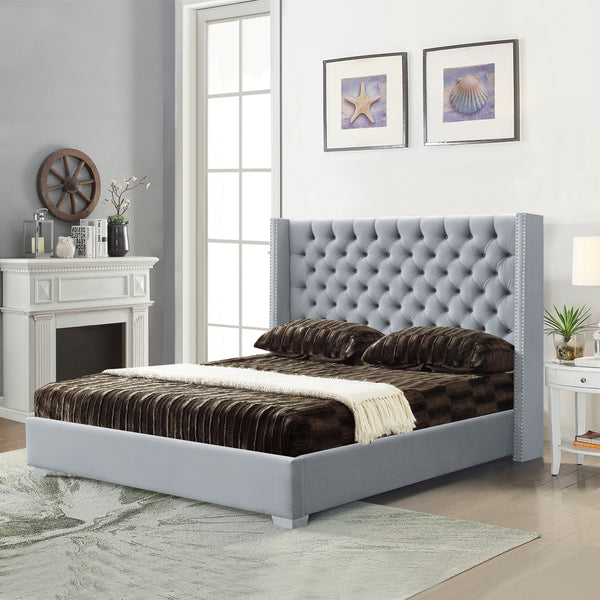 Winton Tufted Upholstered Wing Grey Gas lift Velvet Bed