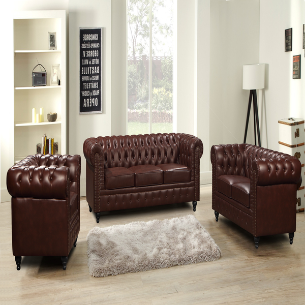 Nester Chesterfield Sofa Set Cherry Brown