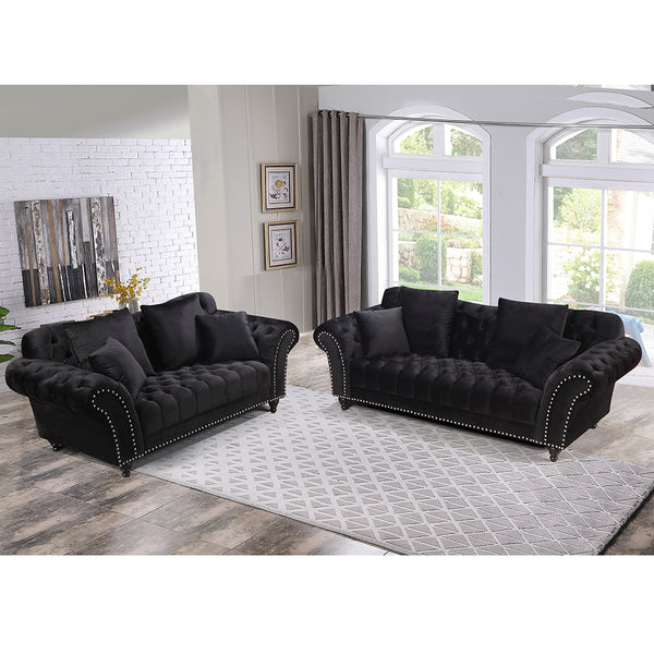 Monarch Chesterfield Sofa Set Velvet Black