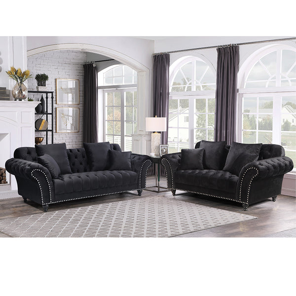 Monarch Chesterfield Sofa Set Velvet Black