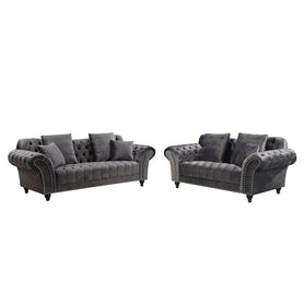 Monarch Chesterfield Sofa Set Velvet Dark Grey