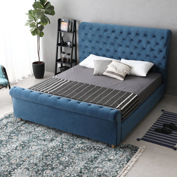 Paris Luxurious Bed Upholstered in Velvet Blue with Studded Trim