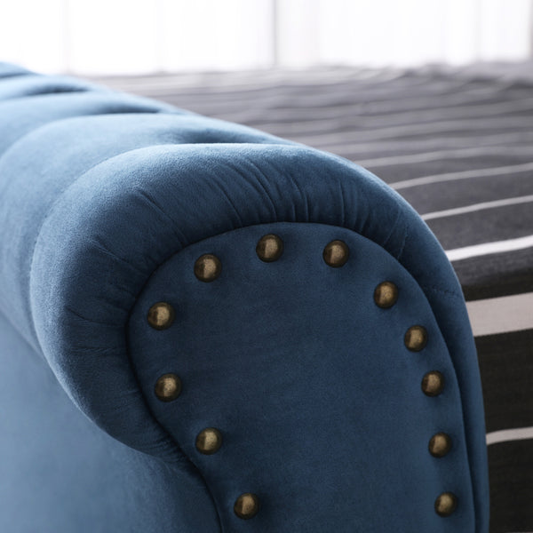 Paris Luxurious Bed Upholstered in Velvet Blue with Studded Trim