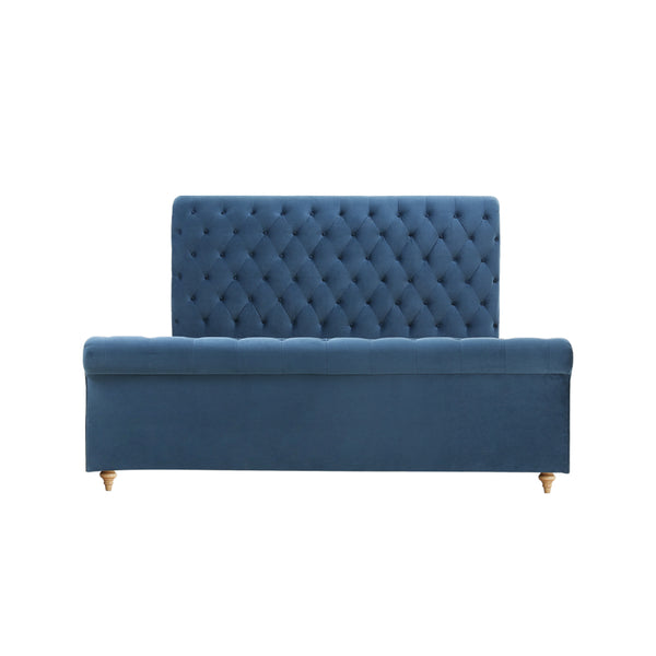 Paris Luxurious Bed Upholstered in Velvet Blue with Studded Trim