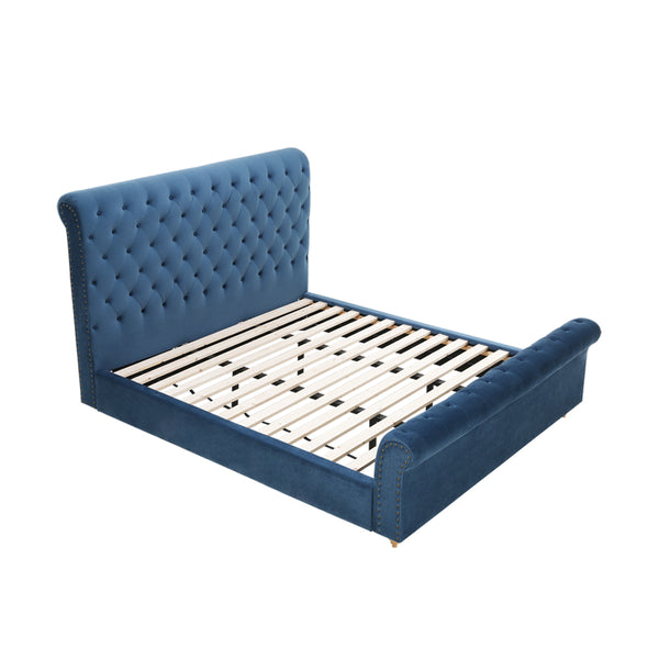 Paris Luxurious Bed Upholstered in Velvet Blue with Studded Trim