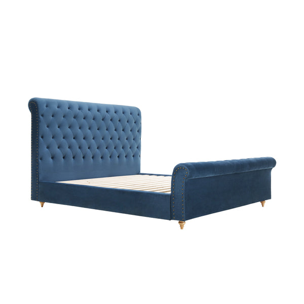 Paris Luxurious Bed Upholstered in Velvet Blue with Studded Trim