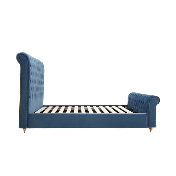 Paris Luxurious Bed Upholstered in Velvet Blue with Studded Trim