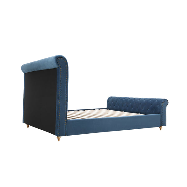 Paris Luxurious Bed Upholstered in Velvet Blue with Studded Trim