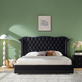 Derby Tufted Upholstered Wing Black Velvet Bed