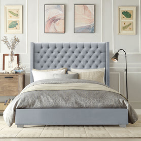Winton Tufted Upholstered Wing Grey Velvet Bed