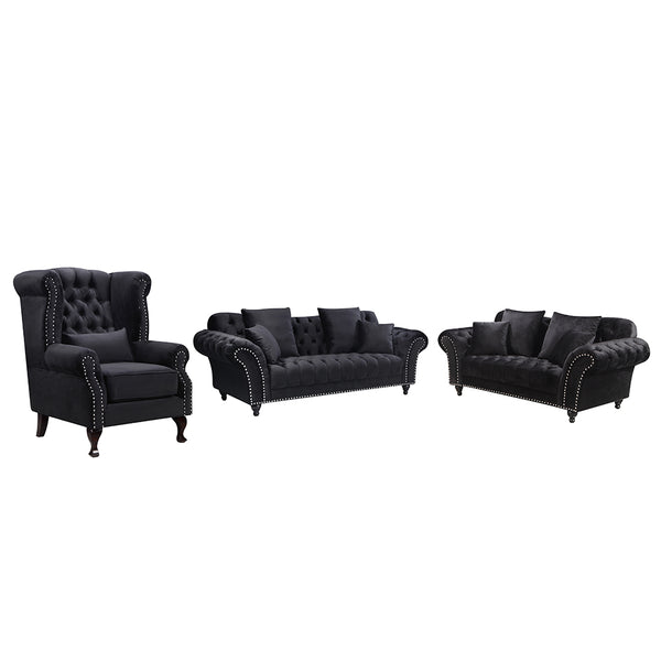 Monarch Chesterfield Sofa Set Velvet 3+2+Arm Chair Black