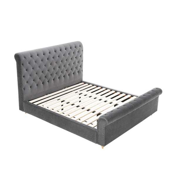 Paris Luxurious Bed Upholstered in Velvet Grey with Studded Trim