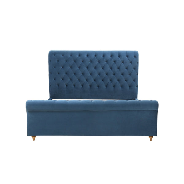 Paris Luxurious Bed Upholstered in Velvet Blue with Studded Trim